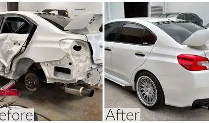 Before and after: accident-damaged car panel repaired and resprayed